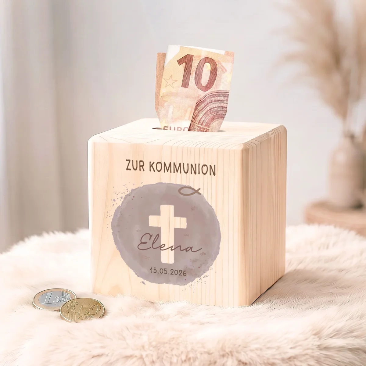 Spardose aus Holz - Farbfleck