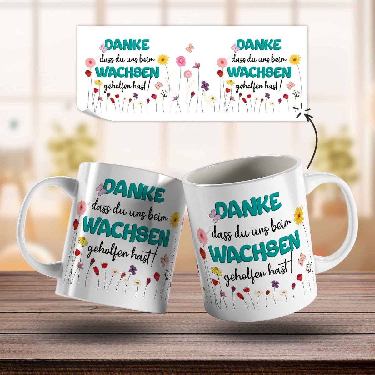 Bedruckte Tasse mit Spruch - "Danke dass du uns beim Wachsen geholfen hast" – Bild 9