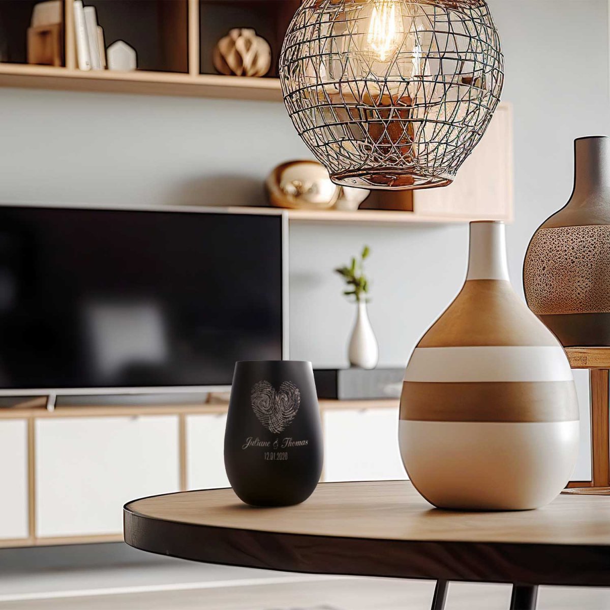 Deko Windlicht aus Glas mit Gravur - Herz Fingerabdruck - Personalisiert mit Namen & Datum – Bild 4