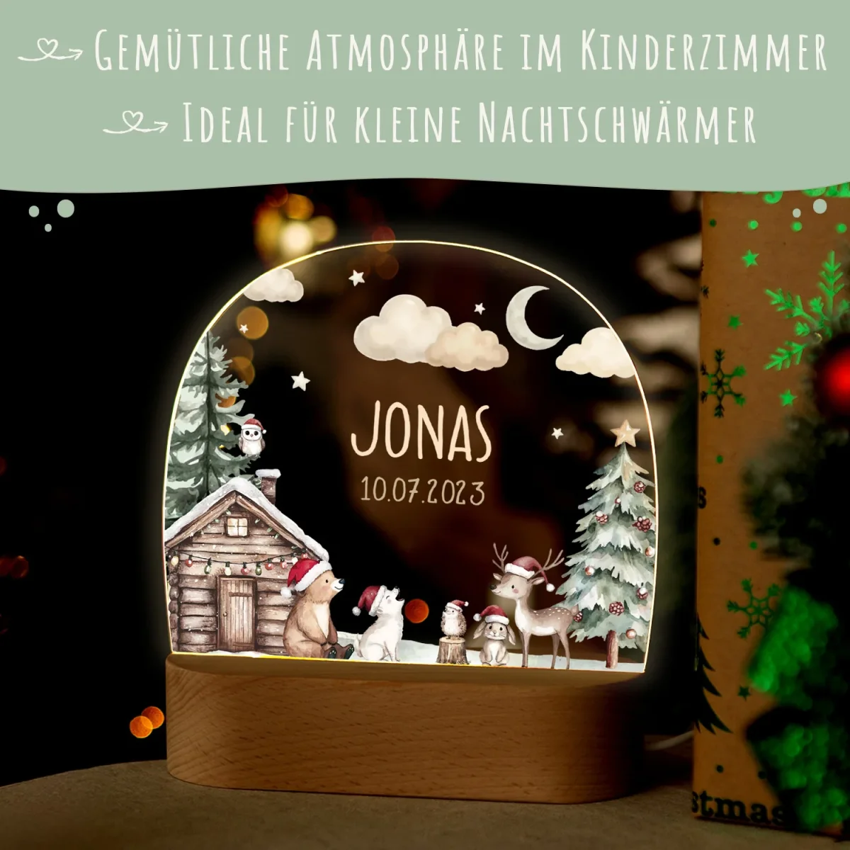 Kinder LED Nachtlicht mit Sockel aus Holz - "Winterhütte" – Bild 4