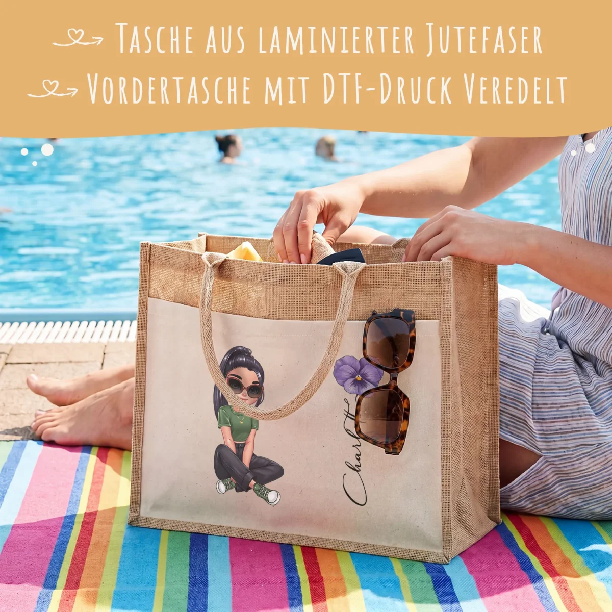 Personalisierte Strandtasche - Blumen - Jute-Tasche mit Name und Figur – Bild 4