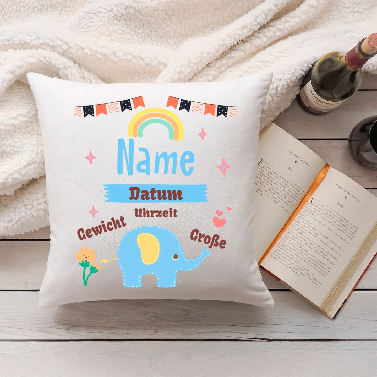 Bedrucktes Kissen mit Babydaten und Elefant – Bild 7