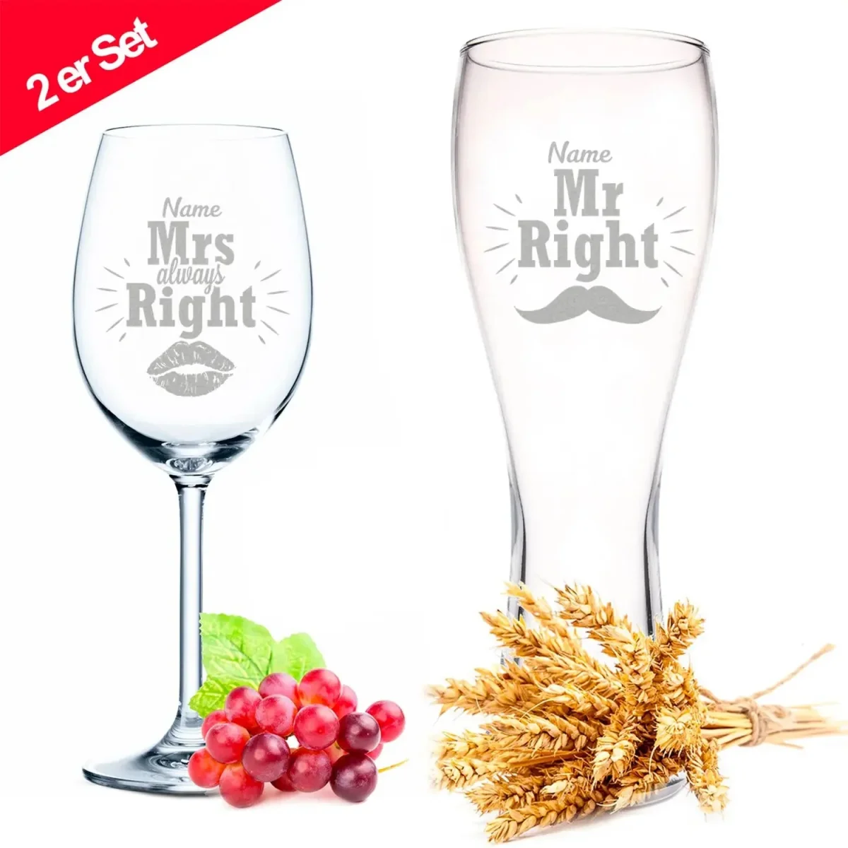 Weizenglas + Weinglas "Mr Right & Mrs Always Right" mit Namen im Set – Bild 3