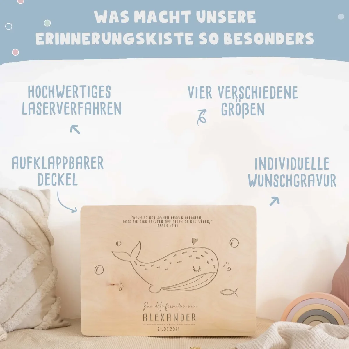 Erinnerungskiste zur Konfirmation „Wal“ personalisiert Gravur – Bild 6