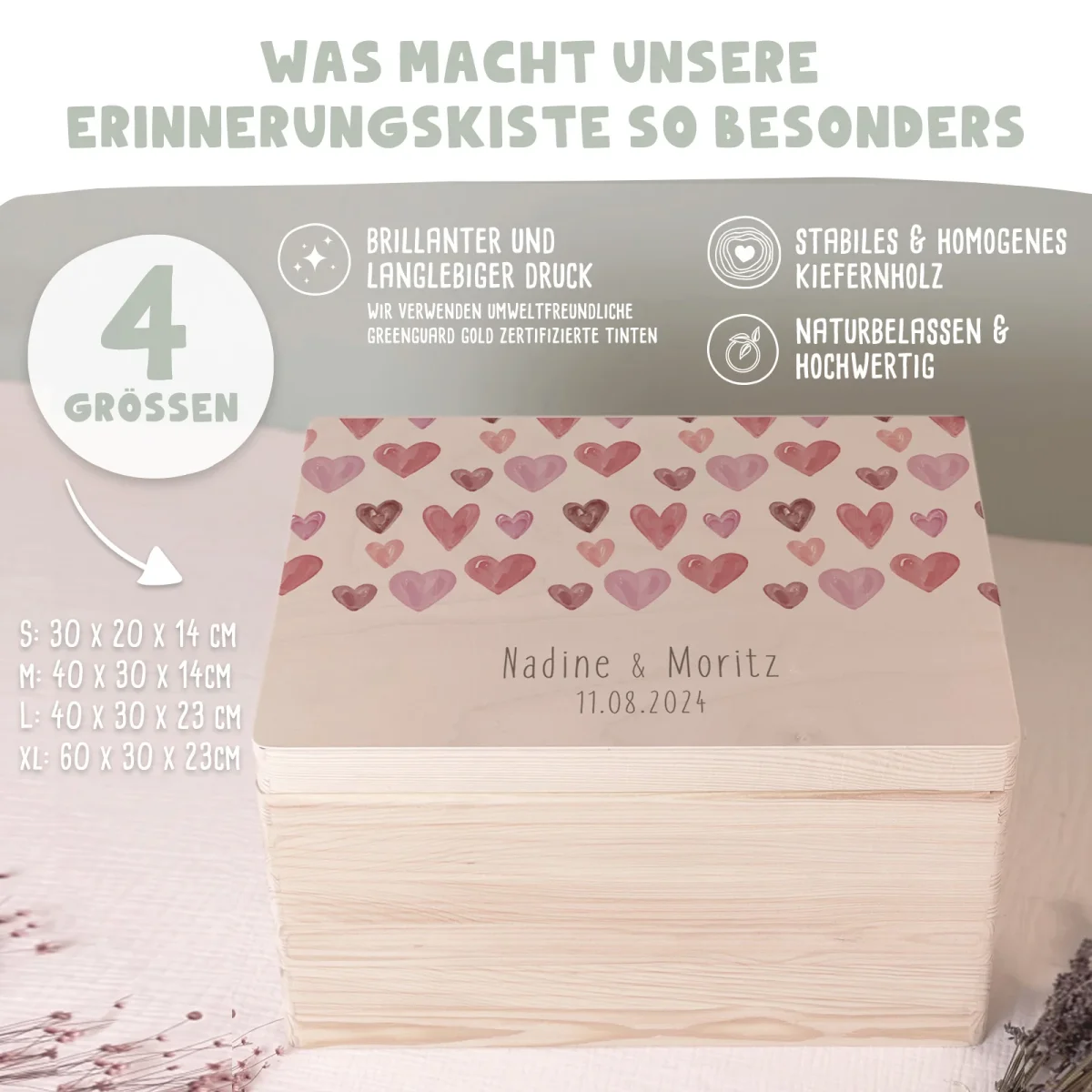 Erinnerungskiste zur Hochzeit „allover Herzen“ Aquarell personalisiert Druck – Bild 6