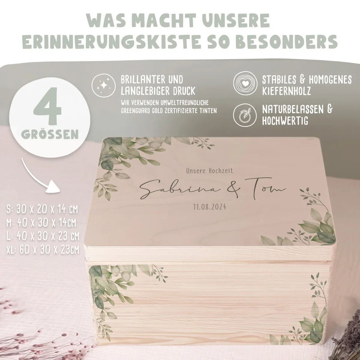 Erinnerungskiste zur Hochzeit „Blätter in der Ecke“ Aquarell personalisiert Druck – Bild 5