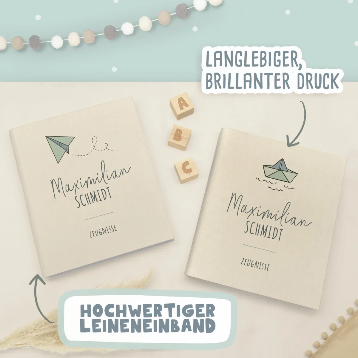 Zeugnismappe Leinen „Hase“ DIN A4 personalisiert Druck – Bild 5