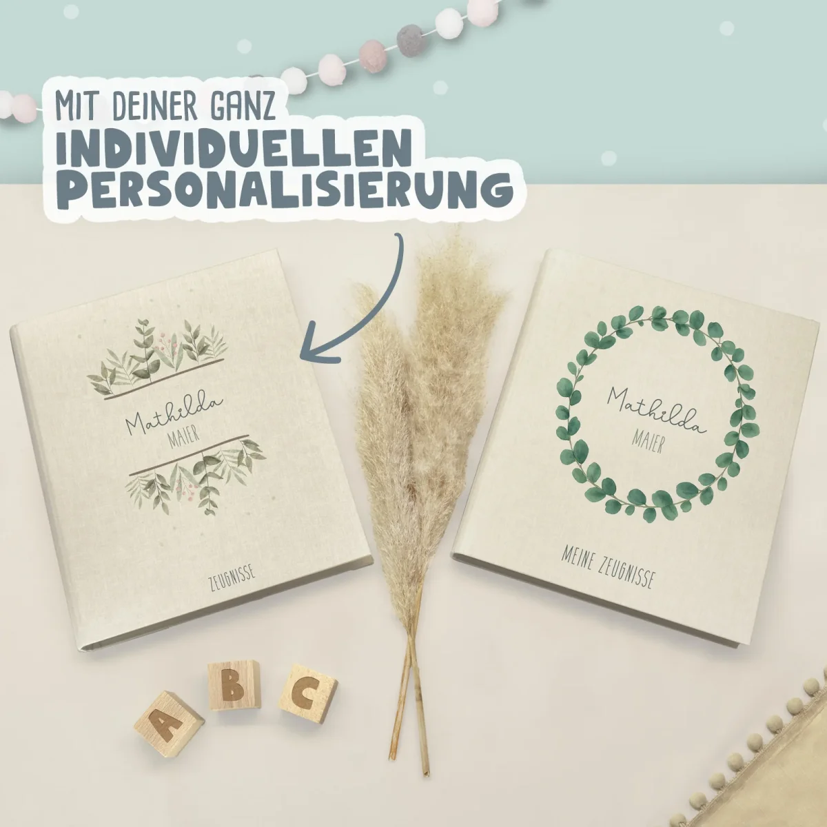 Zeugnismappe Leinen „Buchstabensalat“ DIN A4 personalisiert Druck – Bild 9