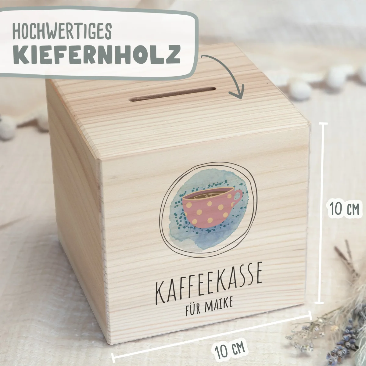 Holzspardose „Kaffeekasse Grafisch“ (10×10×10 cm) personalisiert Druck – Bild 5