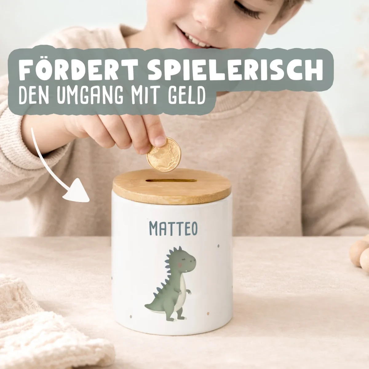 Keramik-Spardose mit Bambus-Deckel für Kinder „Trecker“ personalisiert Sublimation – Bild 6