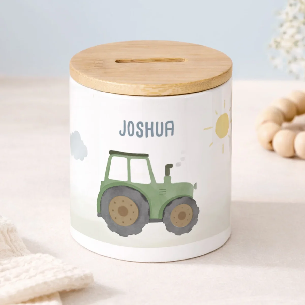 Keramik-Spardose mit Bambus-Deckel für Kinder „Trecker“ personalisiert Sublimation – Bild 3