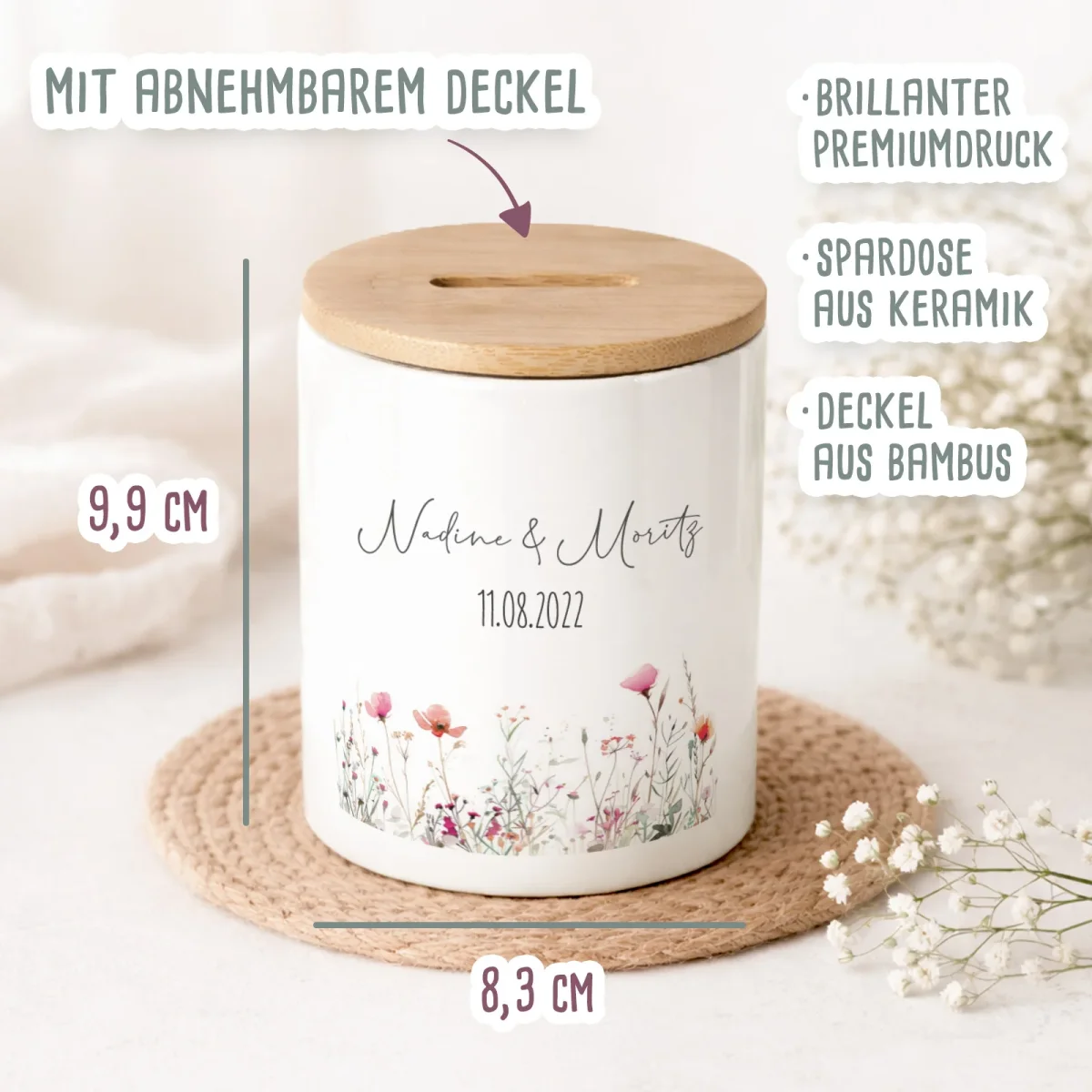 Keramik-Spardose mit Bambus-Deckel „Just Married“ personalisiert Sublimation – Bild 6