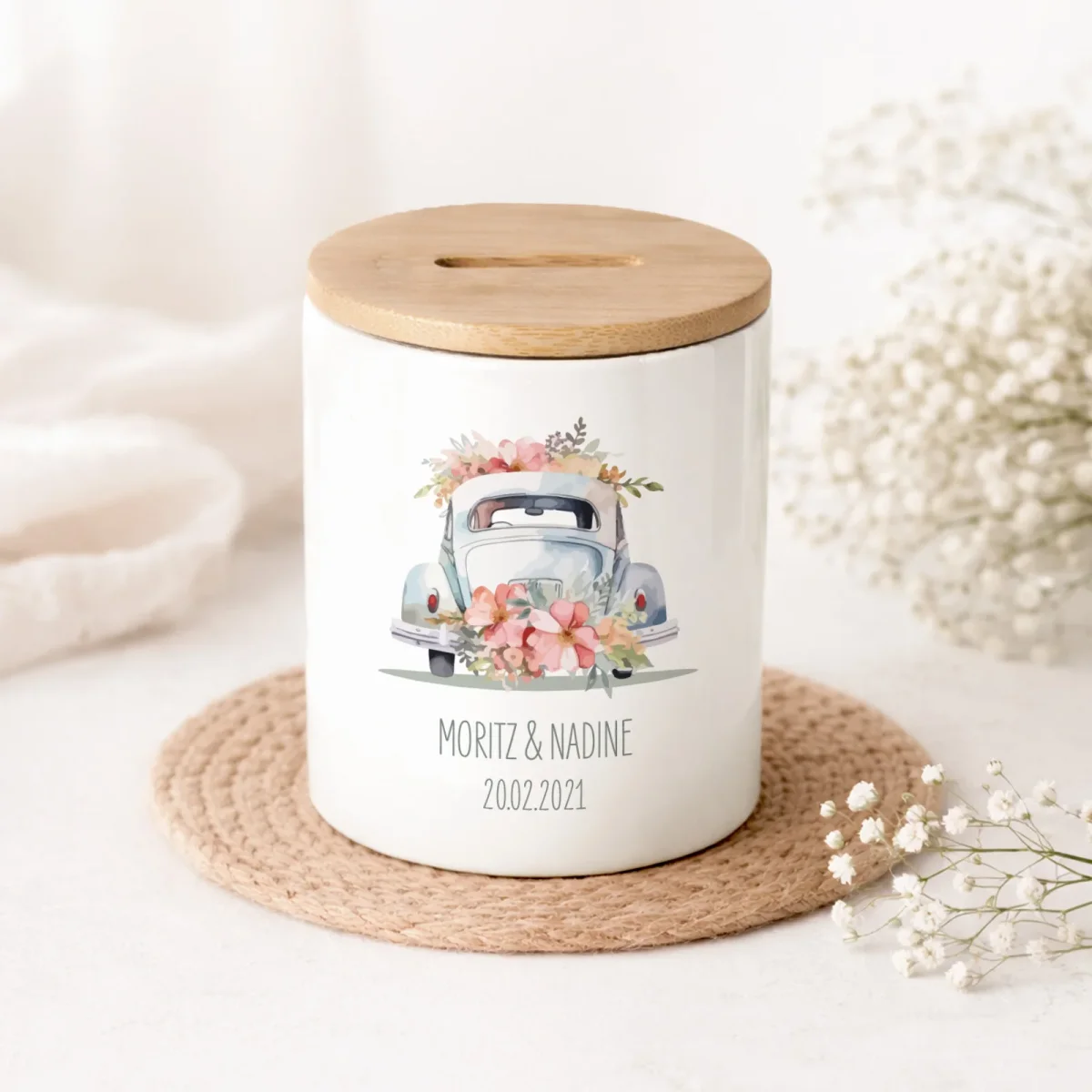 Keramik-Spardose mit Bambus-Deckel „Just Married“ personalisiert Sublimation – Bild 4
