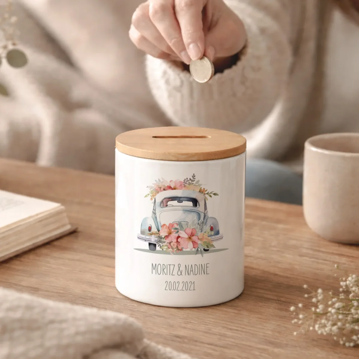 Keramik-Spardose mit Bambus-Deckel „Just Married“ personalisiert Sublimation – Bild 5