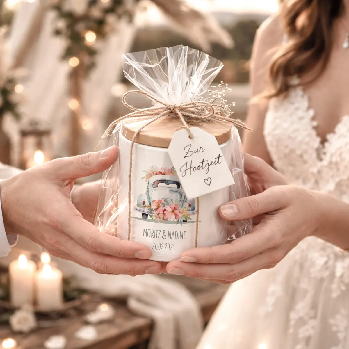 Keramik-Spardose mit Bambus-Deckel „Just Married“ personalisiert Sublimation – Bild 2