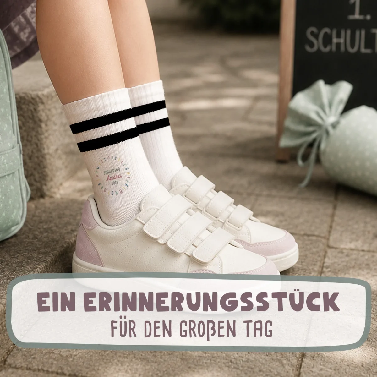 Socken für Kinder zur Einschulung „Schulkind Schreibschrift“ personalisiert Sublimation – Bild 8